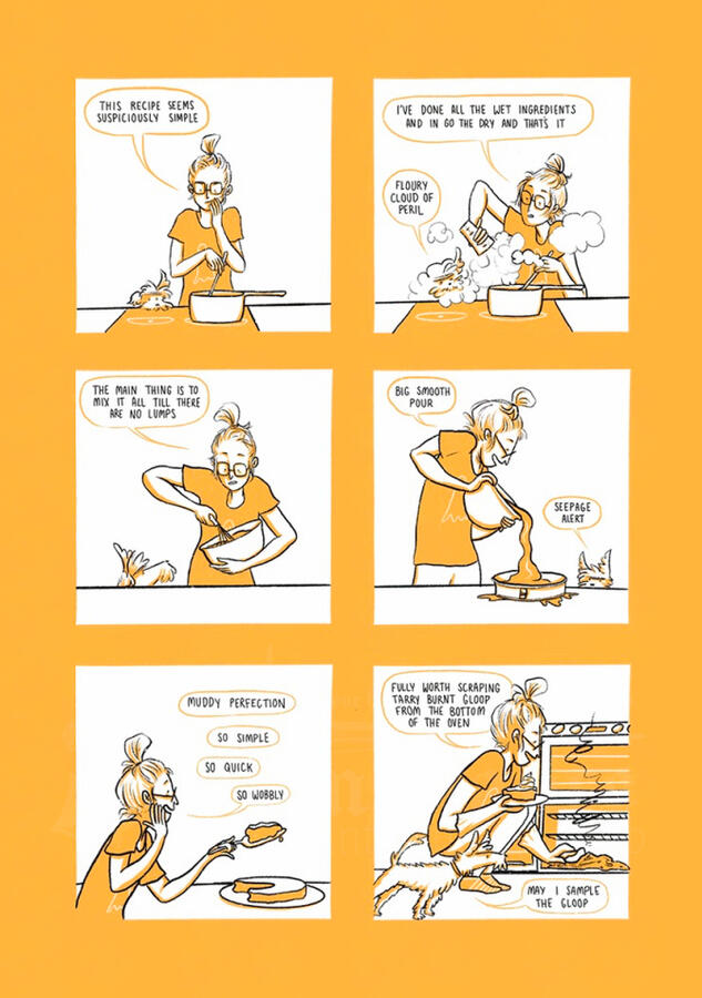 Savukoski, L. (2021). Patreon: Monthly recipe comics - Kladdkaka. [Digital]. Comic page.