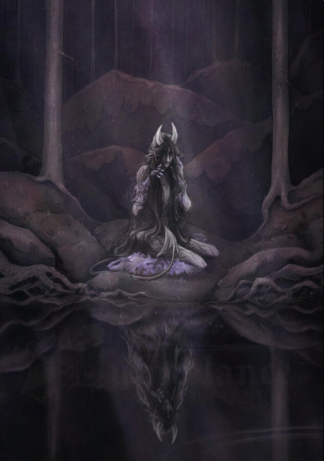 Savukoski, L. (2025). Fornfamnad - an homage to Princess Tuvstarr gazing down into the dark waters of the forest tarn by John Bauer [Digital]. As published by Lost Haven Creative Guild in Original Classics: https://www.kickstarter.com/projects/losthavengui